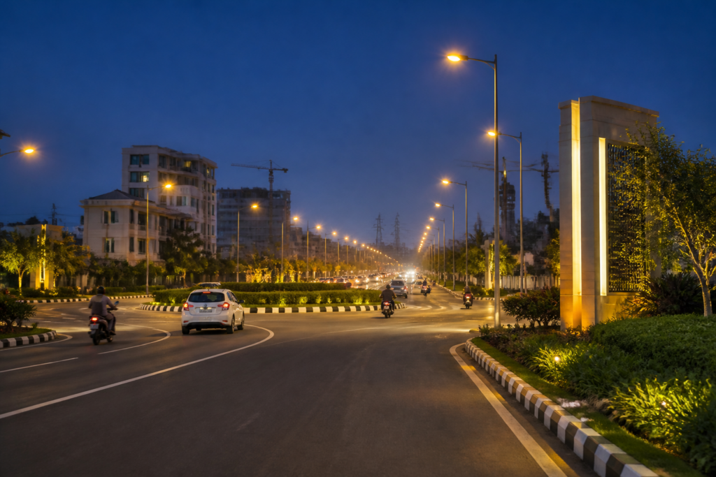 Greater Noida street lights illuminating a city entry road and roundabout before Diwali