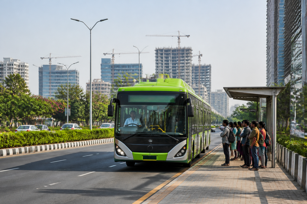 Greater Noida electric buses serving a route near Pari Chowk and Yamuna City