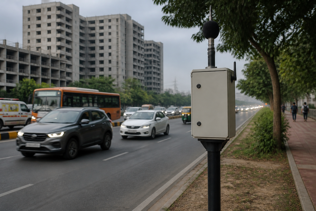 Real-time noise monitoring station on a busy Delhi-NCR road with urban traffic and buildings