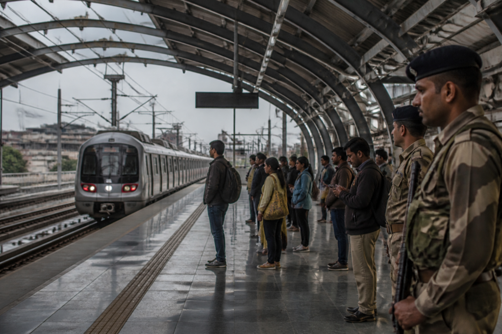 Delhi Metro services operating at a station in the National Capital