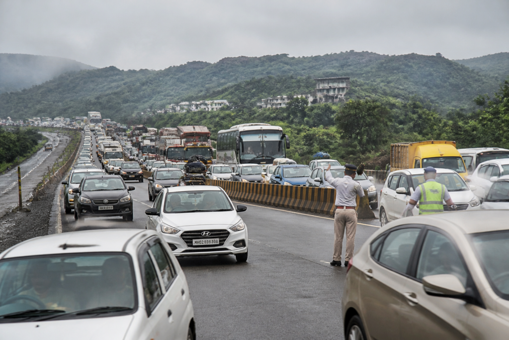 Traffic on the Pune-Mumbai Expressway during festival travel restrictions