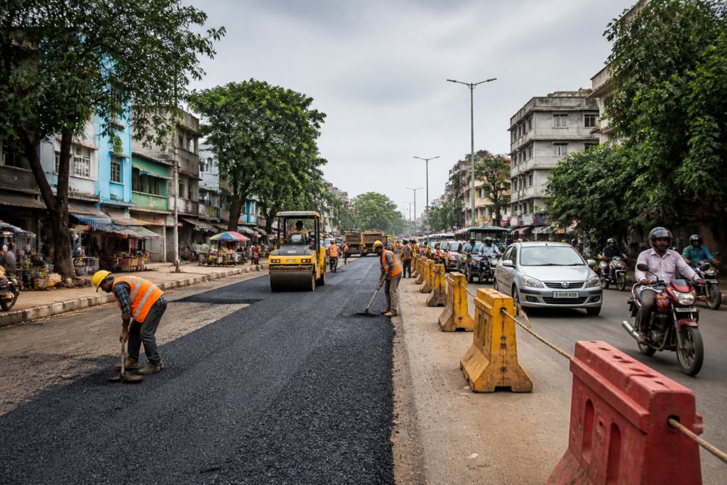 Road repairs underway on a damaged urban road in Bhubaneswar ahead of Durga Puja
