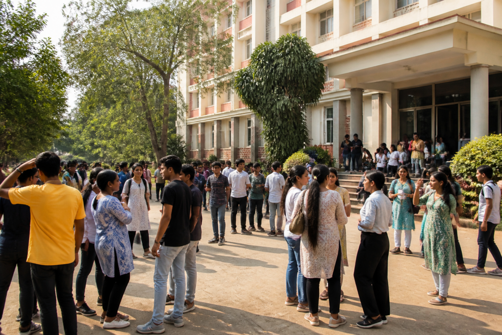 Odisha student union elections at a college campus with students gathered near an academic building