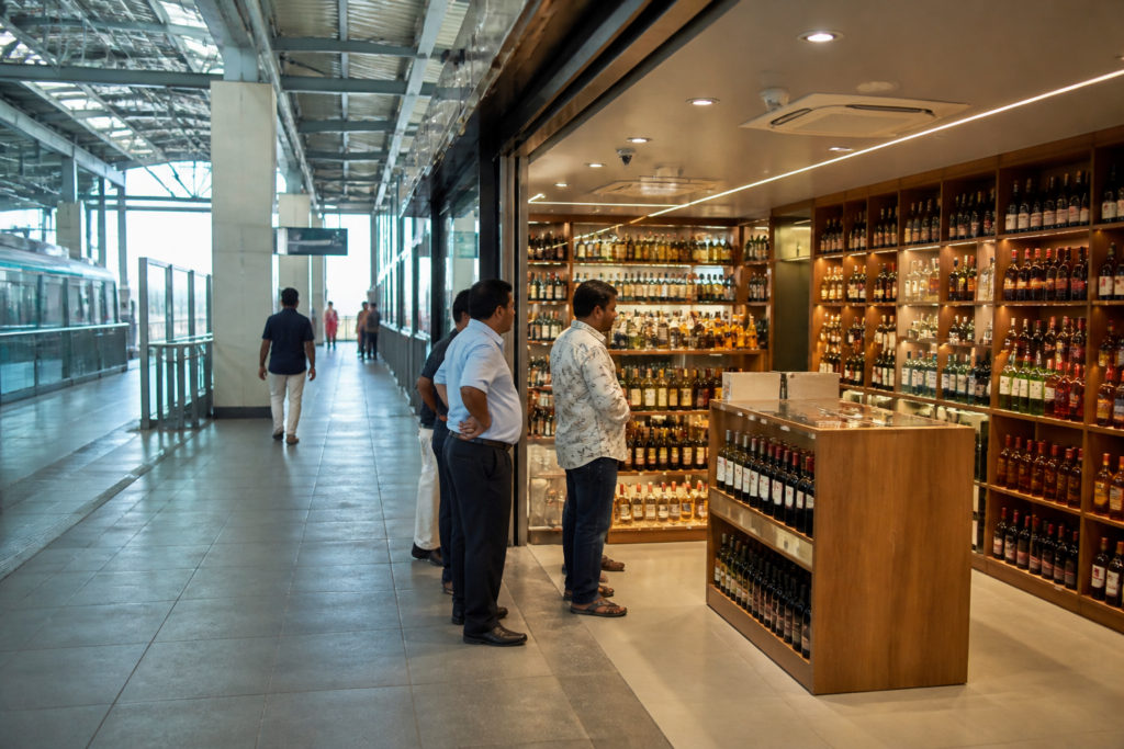 Kochi Metro Bevco outlet at Tripunithura station with a modern commercial storefront