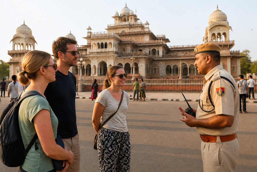 Rajasthan Police French training personnel assisting tourists near Jaipur’s Albert Hall Museum