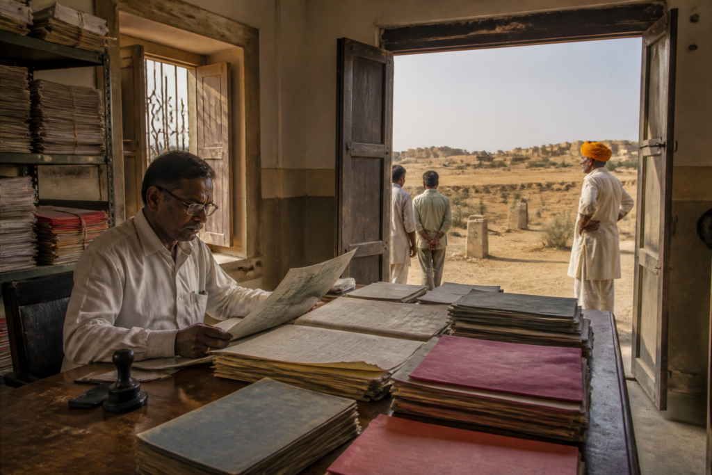 Jaisalmer land fraud case involving disputed agricultural land records and registration documents