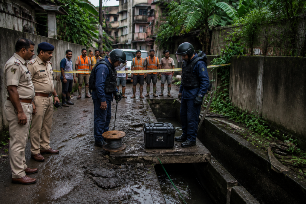 Police cordon near the Jorhat drain shell discovery site during desilting work