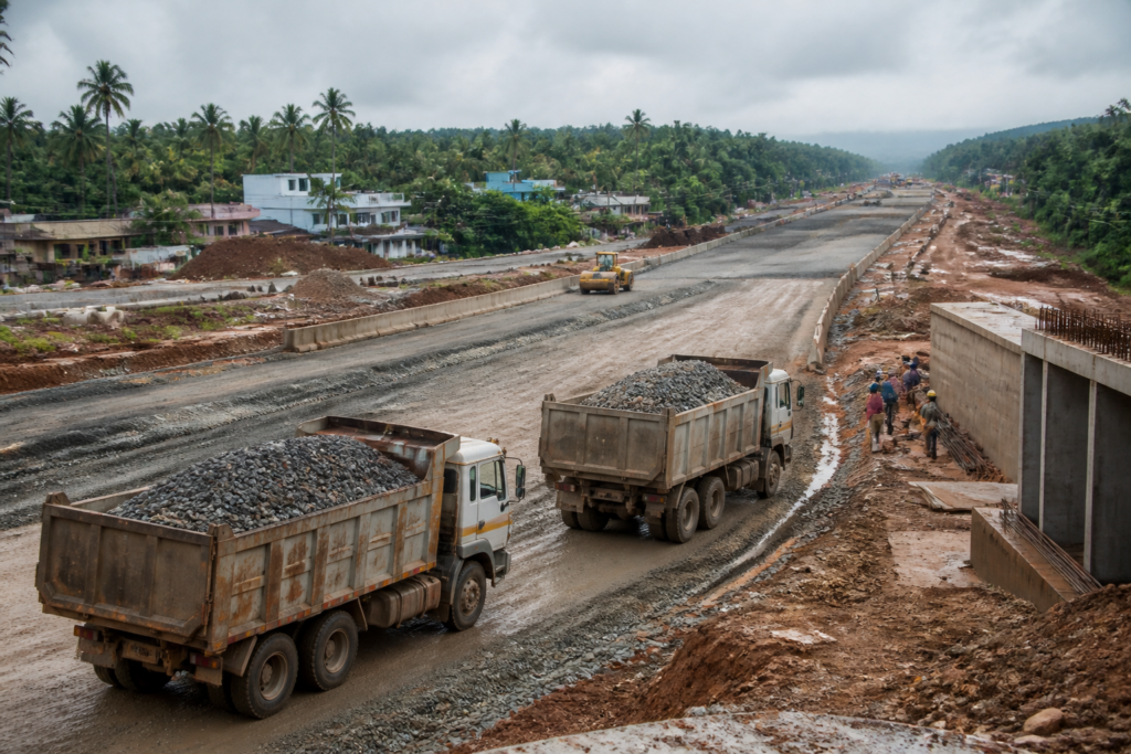 NH 66 works in Kerala with highway construction equipment and material trucks