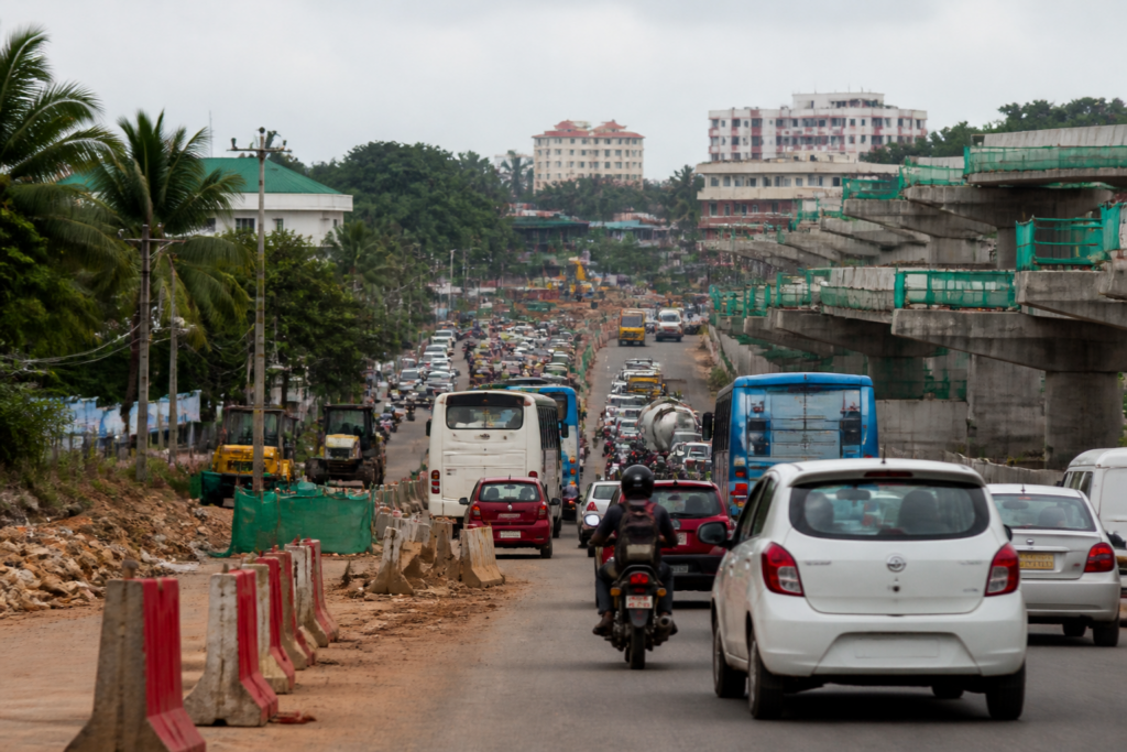 Thiruvananthapuram road safety measures near a busy National Highway construction zone