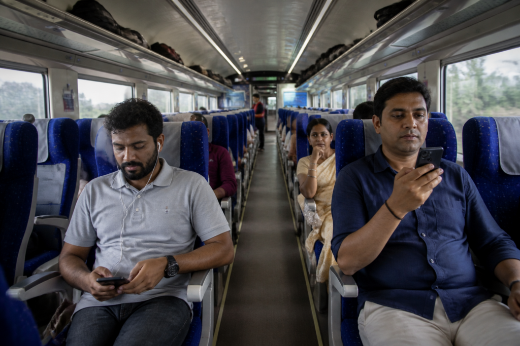 Passengers seated inside a train coach under new speakerphone fine on trains rules