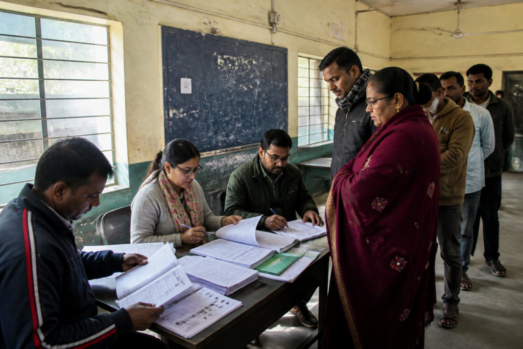 Jharkhand electoral roll verification at a polling station with election officials reviewing voter records