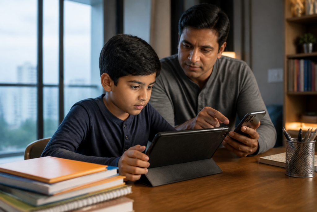 Children's online safety represented by a young user viewing a protected digital interface