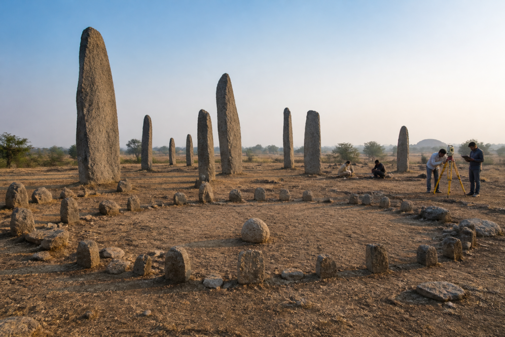 Mudumal Megalithic Menhirs standing in rows at Telangana's ancient archaeological site