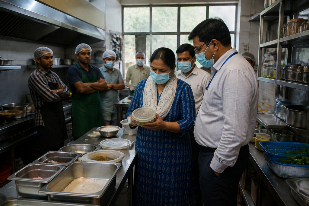 Hyderabad food safety inspections at a restaurant kitchen with officials checking hygiene conditions