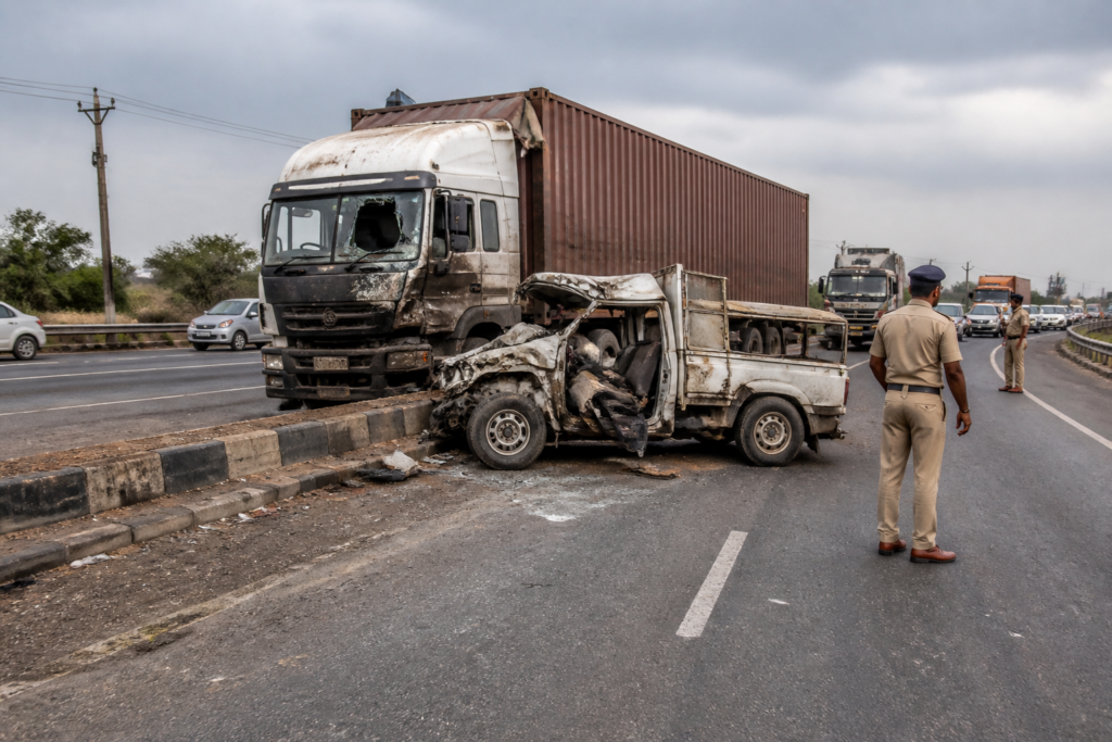 Pune-Solapur Highway crash scene near Varvand involving a container truck and damaged tempo