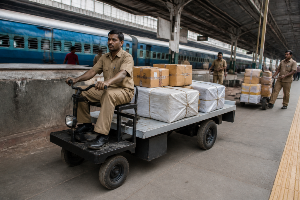 Battery-operated platform truck handling parcels at a Mumbai railway station