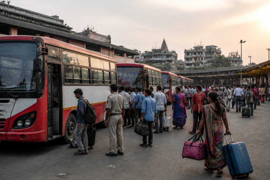 Pune ST buses lined up at a bus stand for Diwali travel services
