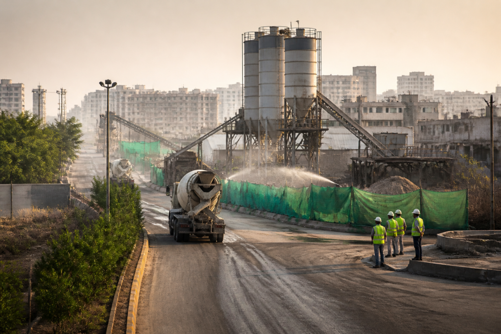 Ahmedabad RMC policy and a ready-mix concrete plant near a construction site