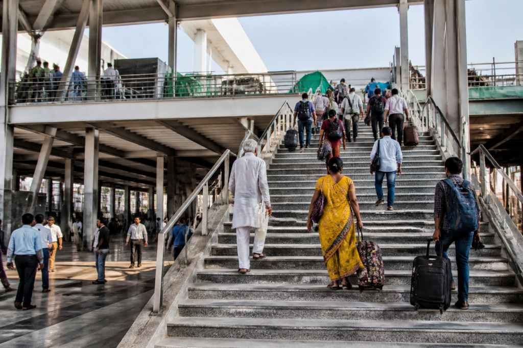 Kalupur railway station redevelopment building with stairs leading towards the platform access route