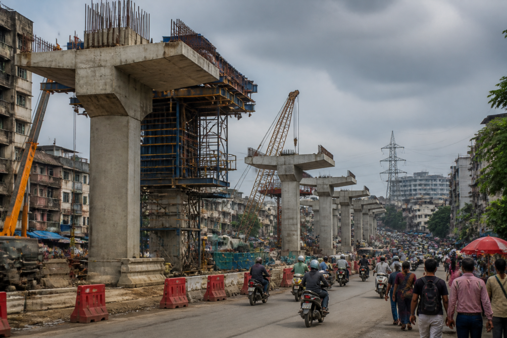 Mumbai Metro Line 12 construction site above a busy Kalyan East road