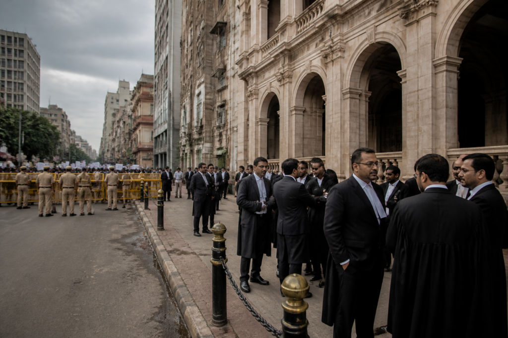 Bombay Bar Association building with lawyers and police near a city protest