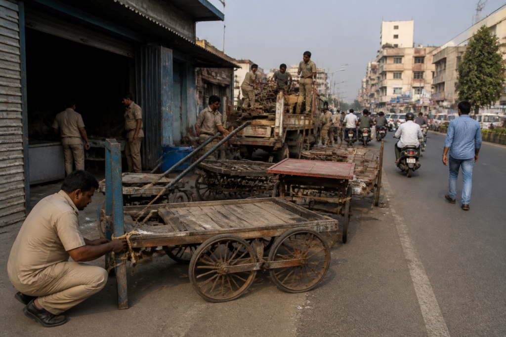 Ahmedabad AMC encroachment charges affect seized handcarts and stalls stored after road-clearance action.