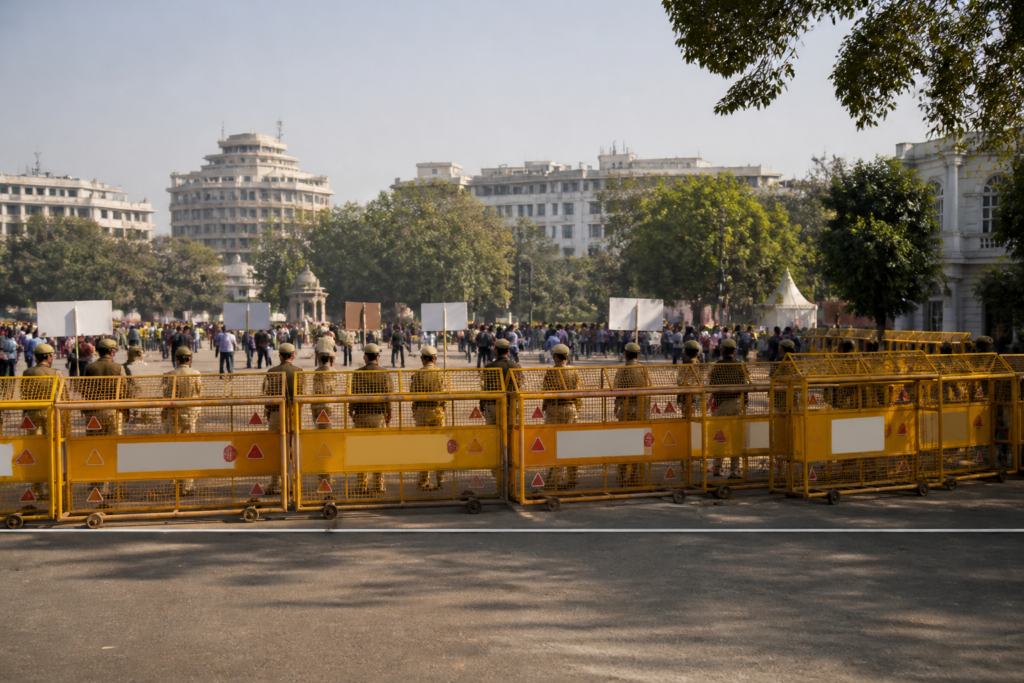 Jantar Mantar protest site in New Delhi with police barricades and public demonstration space