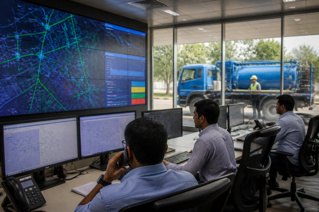 Delhi water supply command centre monitoring leaks and emergency repair vehicles