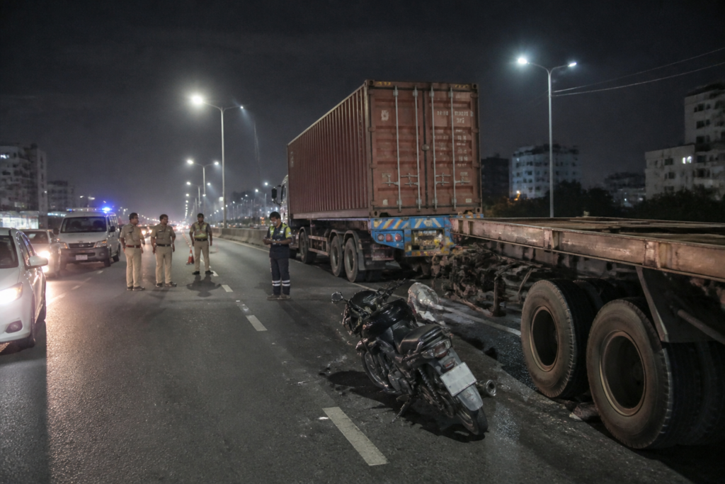 Ahmedabad road accidents involving motorcycles and heavy vehicles on a city road