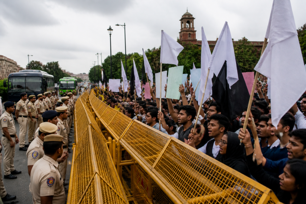 Police barricades and protesters near the Jantar Mantar protest site in Delhi