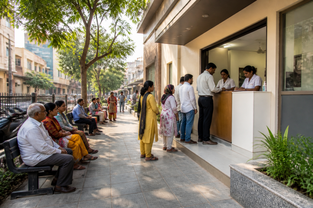 Ayushman Bharat Delhi healthcare facility with patients and staff at an urban clinic