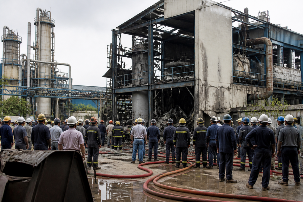 Emergency response outside a Bengaluru chemical factory after a boiler blast injured workers