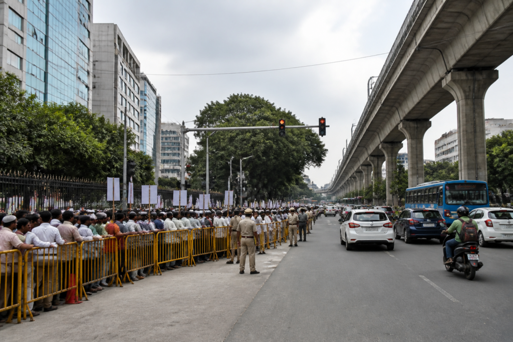 Bengaluru protest venues and police managing a demonstration near a busy city junction
