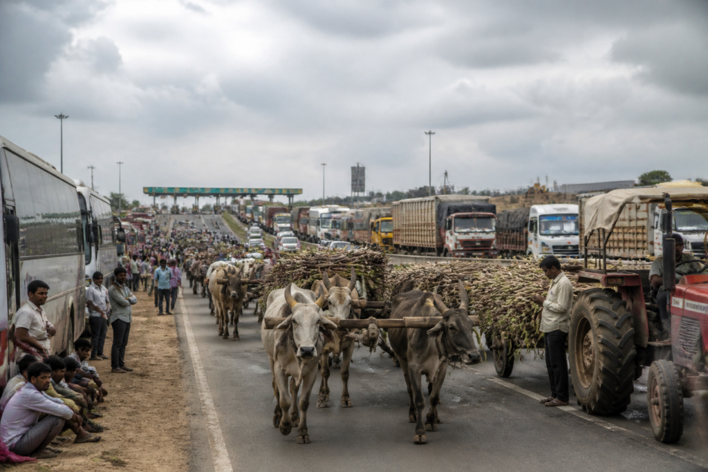 Karnataka highway blockade causing a long queue of buses and trucks near a toll plaza