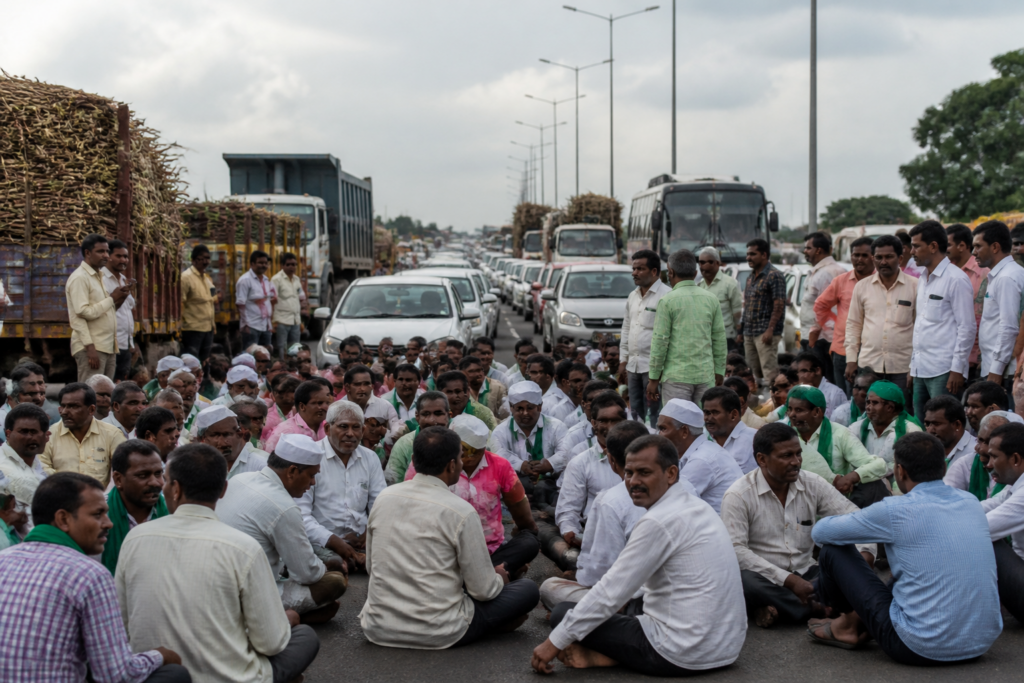 Karnataka sugarcane farmers blocking a highway during a protest near Belagavi