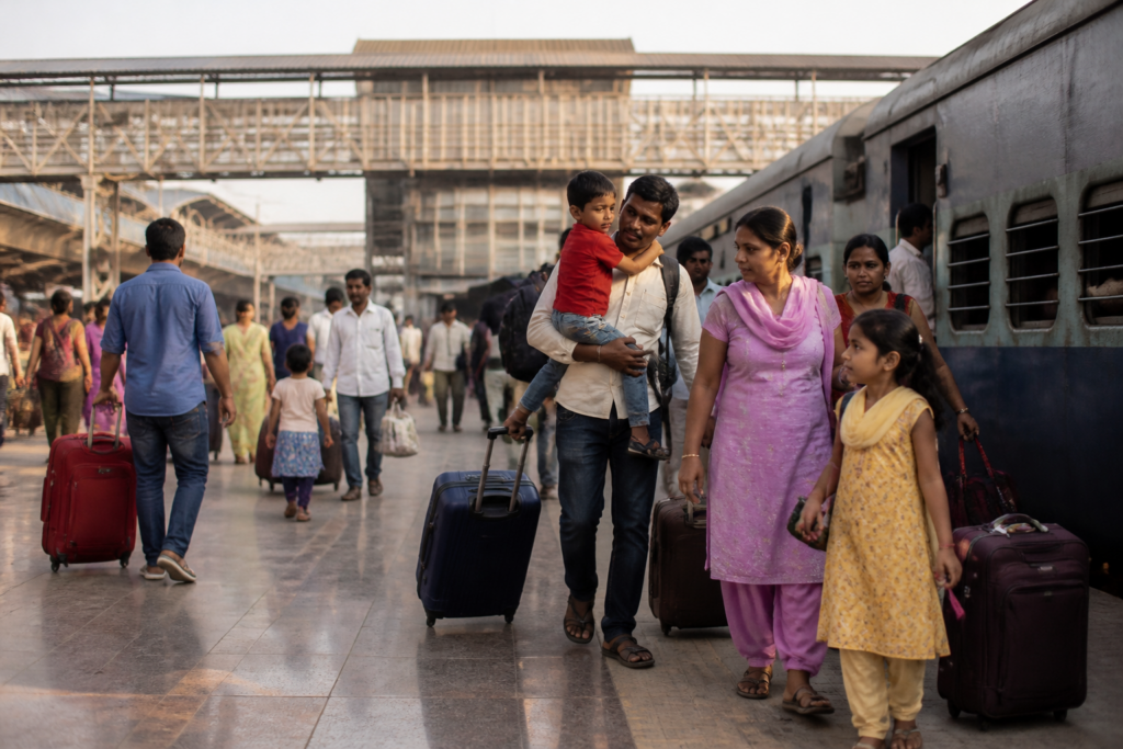 Hyderabad festival exodus with passengers and luggage at a busy railway station