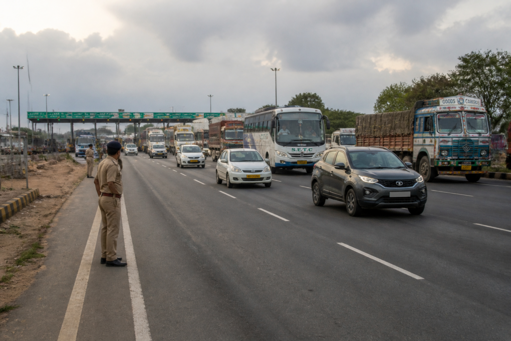 NH-48 traffic moving near a toll plaza after a protest-related road disruption