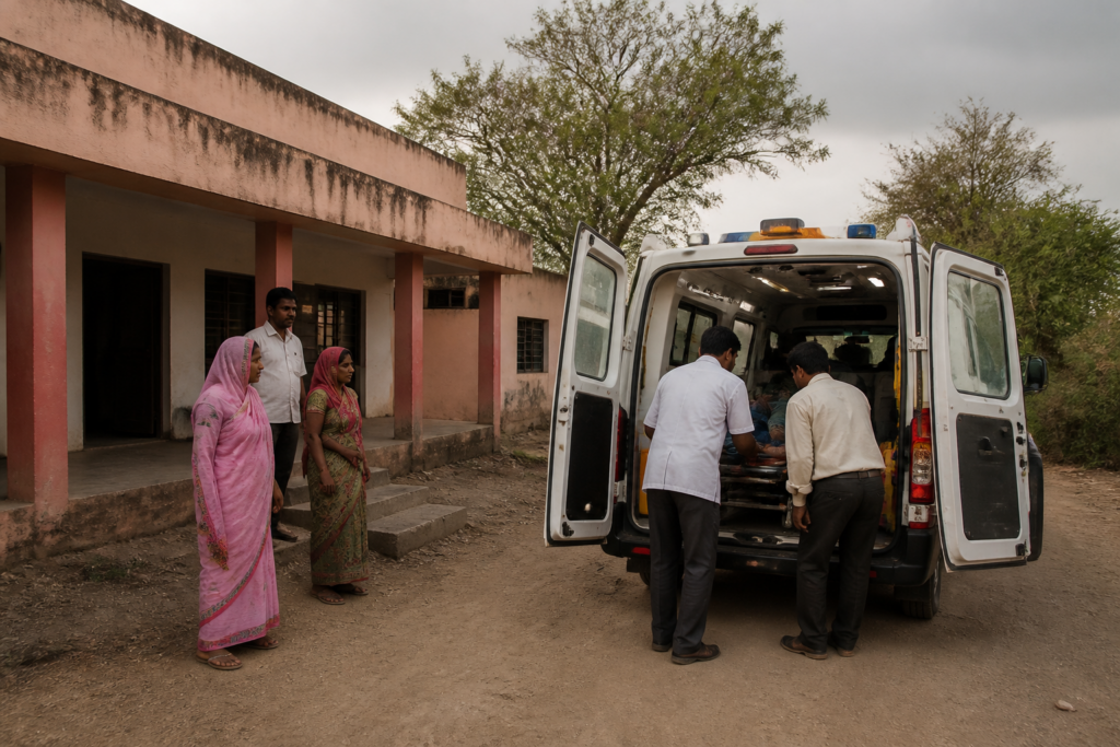 Beed government ambulance outside a rural primary health centre in Maharashtra
