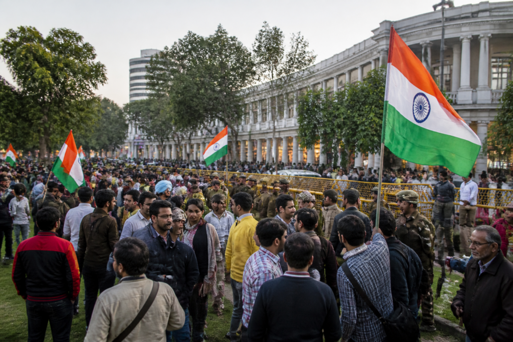 Delhi tiranga march supporters carrying the national flag near Connaught Place