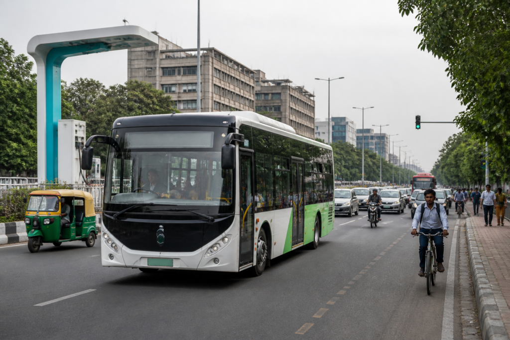 Electric mobility Delhi scene with an electric bus and commuters on a city road