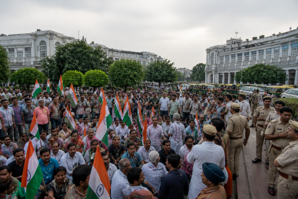 Delhi protest supporters with Indian flags near Connaught Place's Central Park