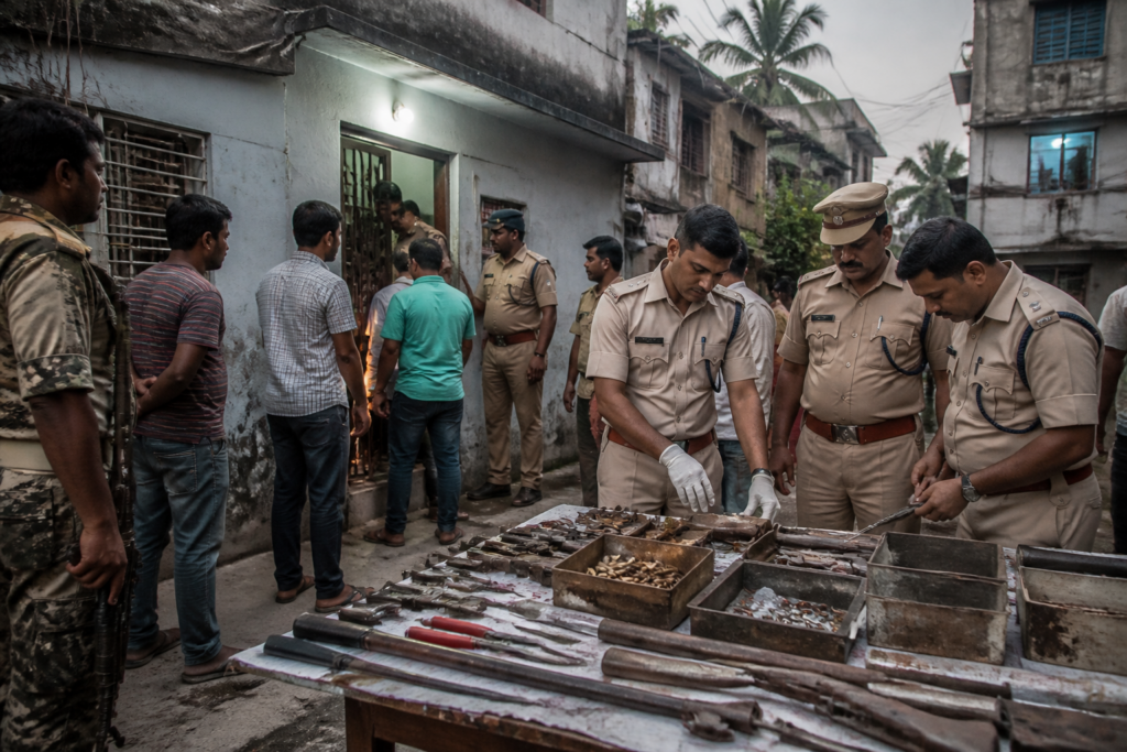 Illegal arms factory Kolkata raid showing seized firearms and ammunition