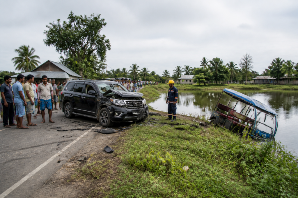 Sandeshkhali road accident site near a roadside pond with an e-rickshaw and SUV