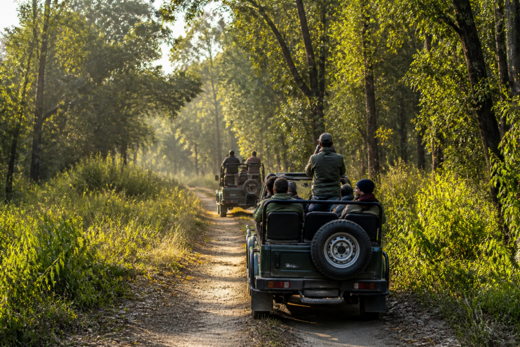 Jaldapara safari vehicles near a forest route in North Bengal