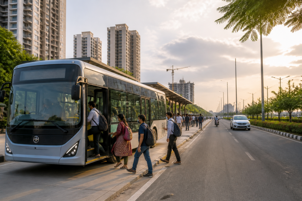 Greater Noida electric buses operating near Pari Chowk and Yamuna City routes