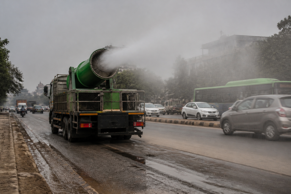 Delhi anti-smog gun spraying water on a dusty road near a busy South Delhi corridor