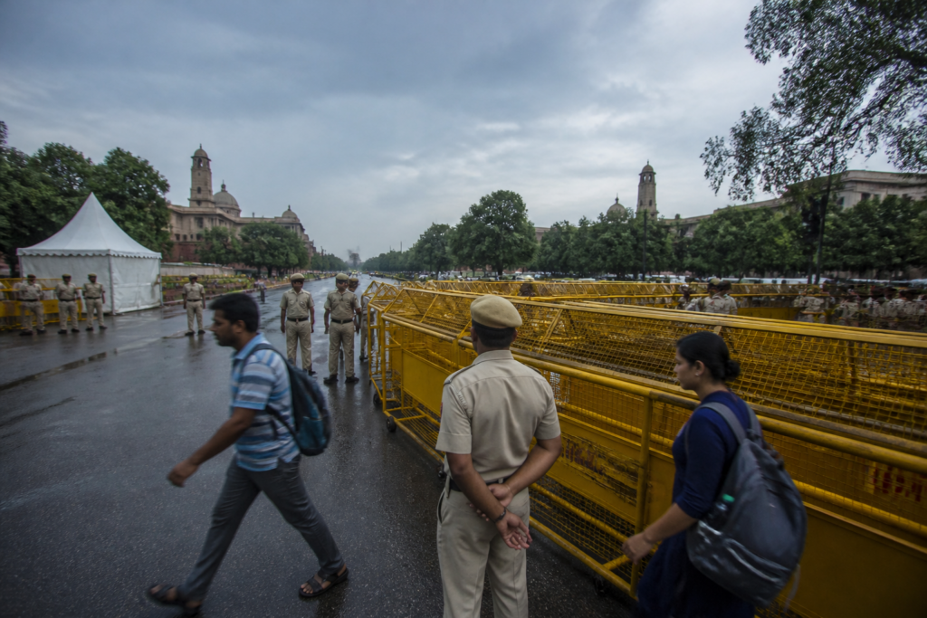 Jantar Mantar arrests linked to a Delhi protest, with police barricades and security personnel at the site