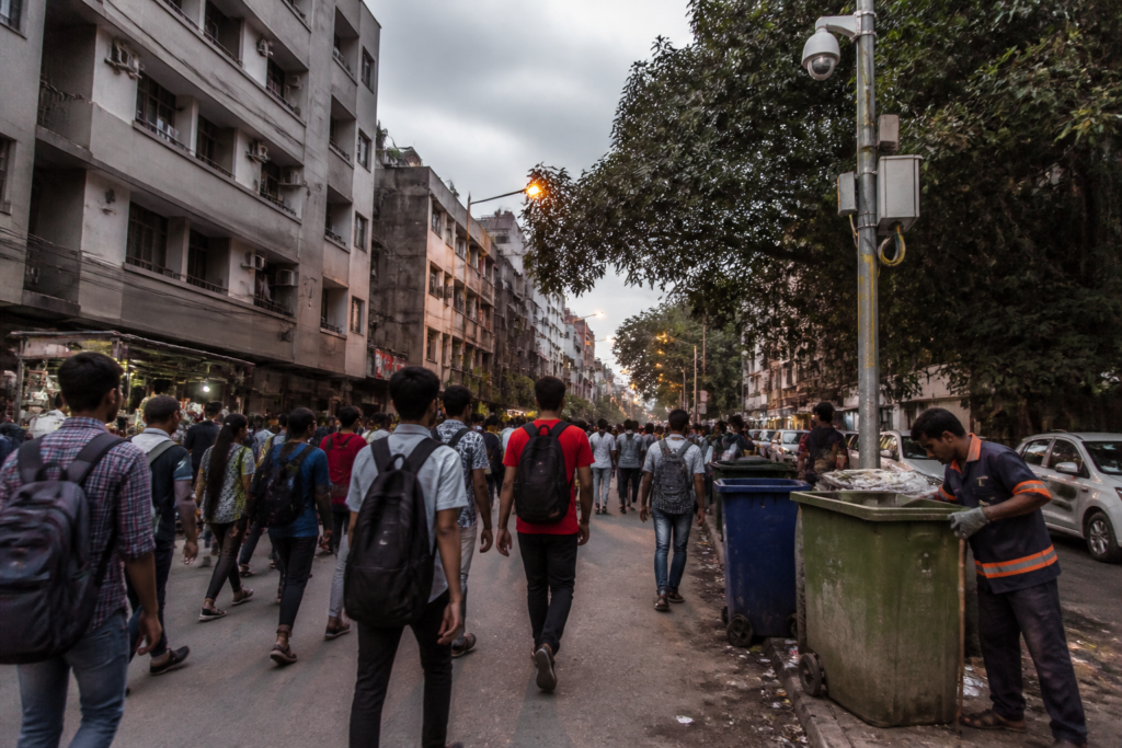 Mukherjee Nagar students outside a coaching hub amid Delhi’s crowded streets and civic infrastructure