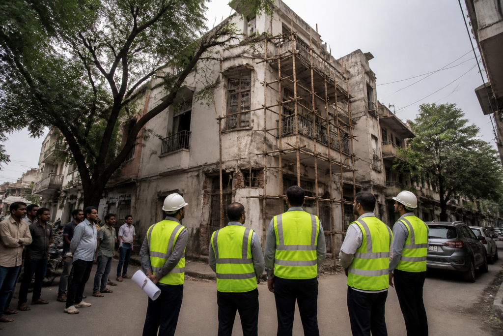 MCD dangerous houses survey showing a Delhi residential building under municipal safety assessment