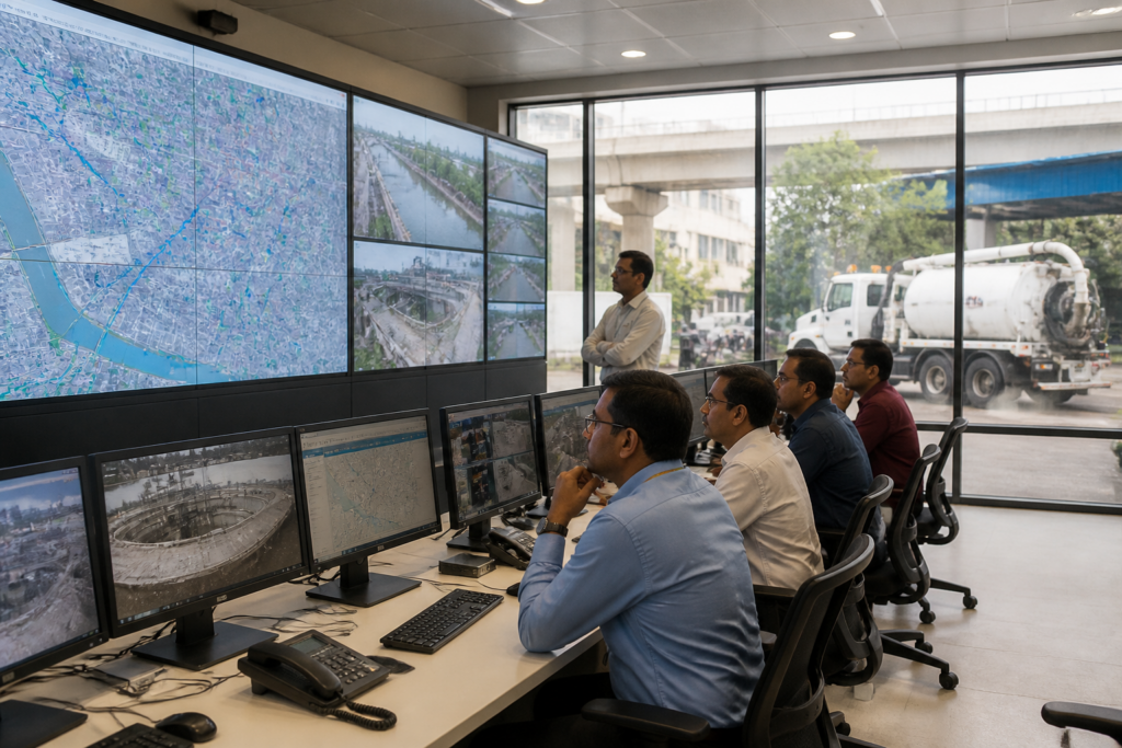 Delhi water supply monitoring centre with officials tracking pipeline data and emergency response vehicles